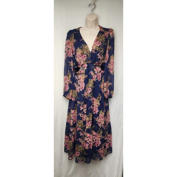 Sofia Jean Cutout Midi Floral Bouquet Balloon Sleeve V-Neck Blue Dress Size L - Picture 8 of 14